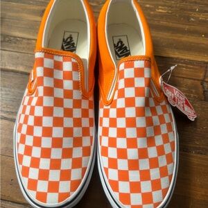 Vans “ OFF THE WALL”Orange and White Checkered Slip Ons Mens